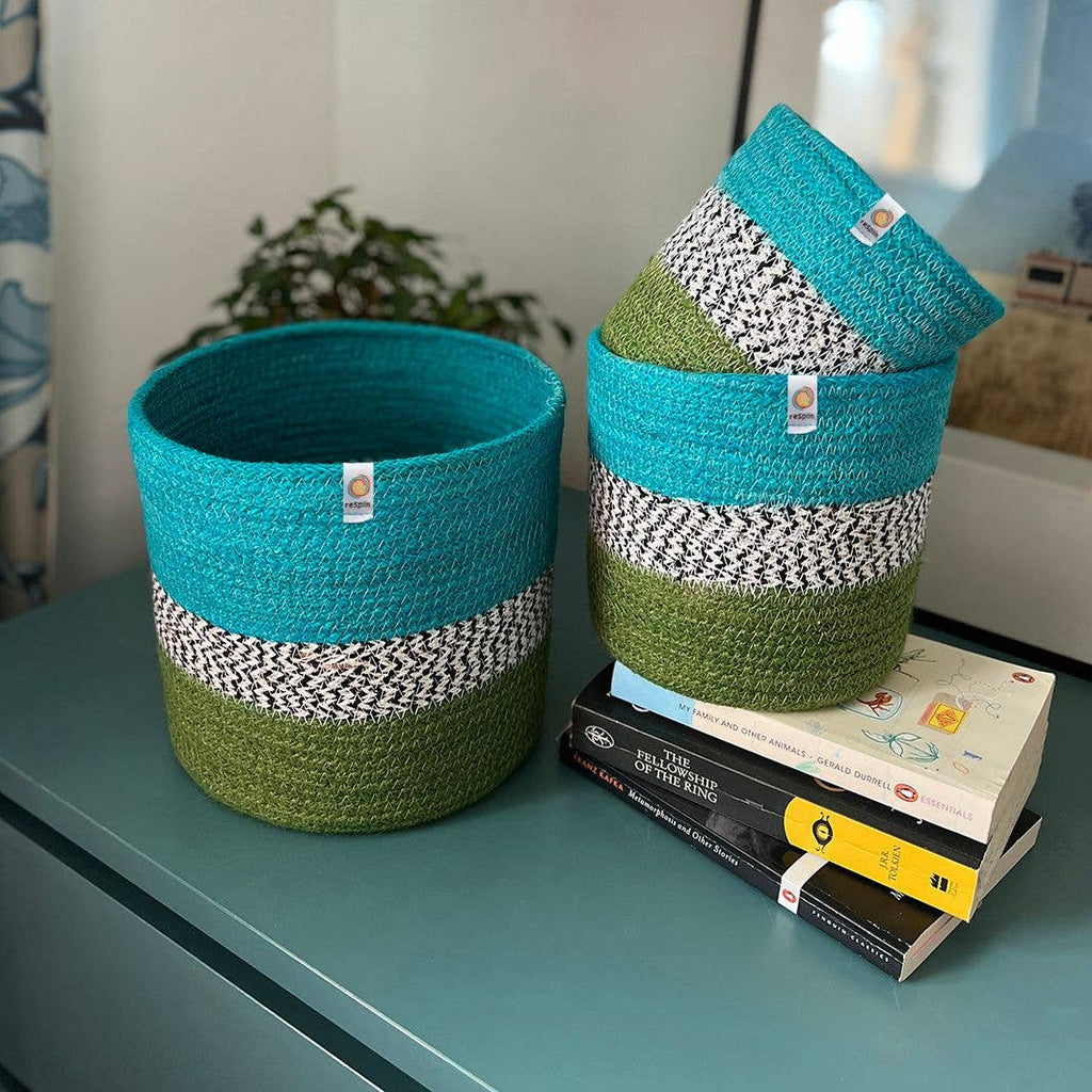 Jute ZigZag Baskets – Ocean - 3 size options