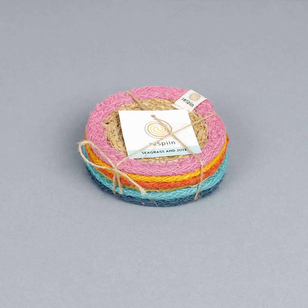 Set of 6 Seagrass & Jute Coasters - Rainbow