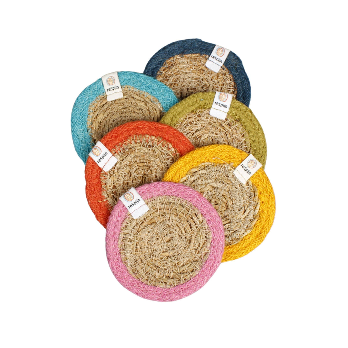 Set of 6 Seagrass & Jute Coasters - Rainbow